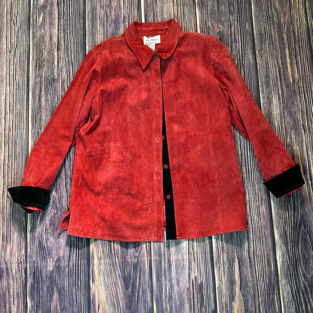 Women’s Vintage Red & Black Suede Leather 90s Style Button Down Shirt Jacket - Picture 5 of 11